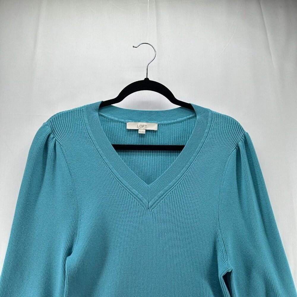Loft Sweater Women Sz 2XL Pullover Long Sleeve V-Neck Ribbed Stretchy Turquoise - Picture 3 of 11